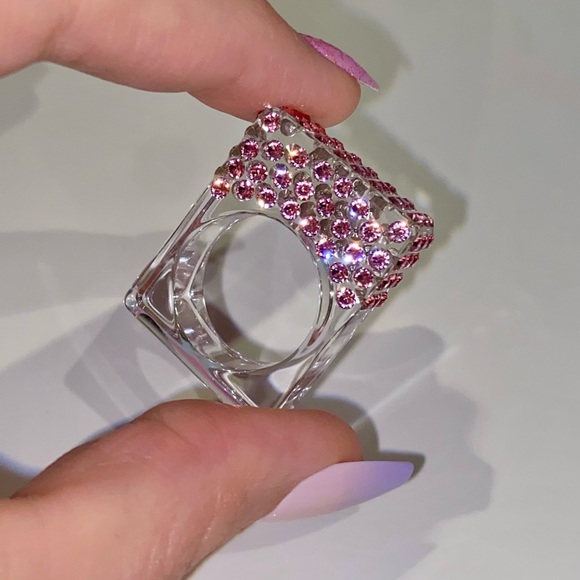 Clear Acrylic Ring With Pink Swarovski Crystals, Geometric Square Art Deco Ring - Picture 4 of 11